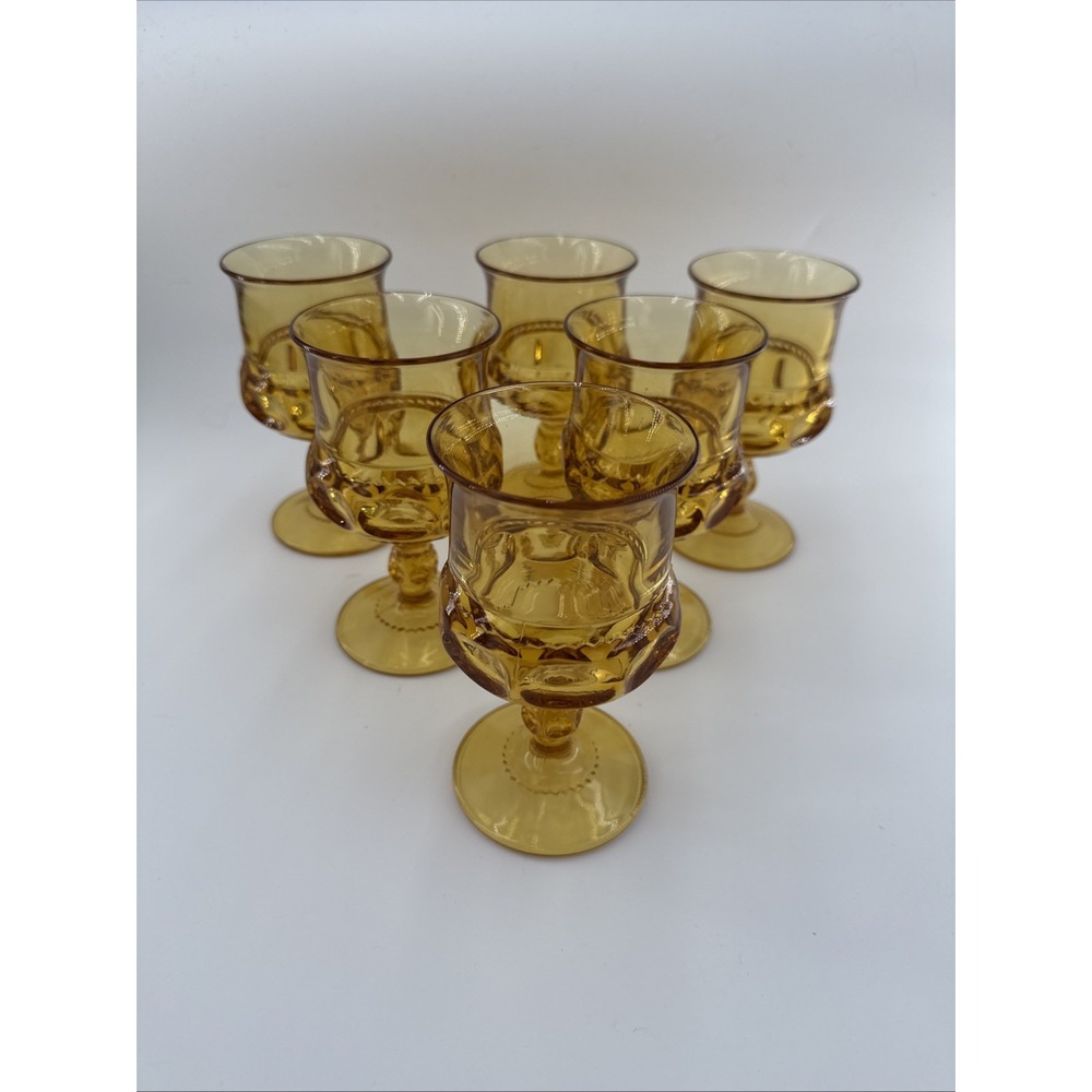 Set Of 6 Vtg Amber Indiana Glass Kings Crown Thumbprint Goblets 6" Glasses